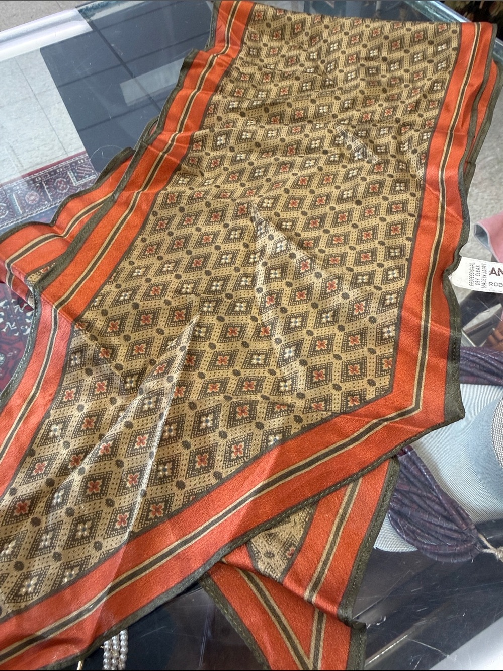 Anne Klein Silk Decorative Scarf in Rust and Tan - Classic Geometric Pattern